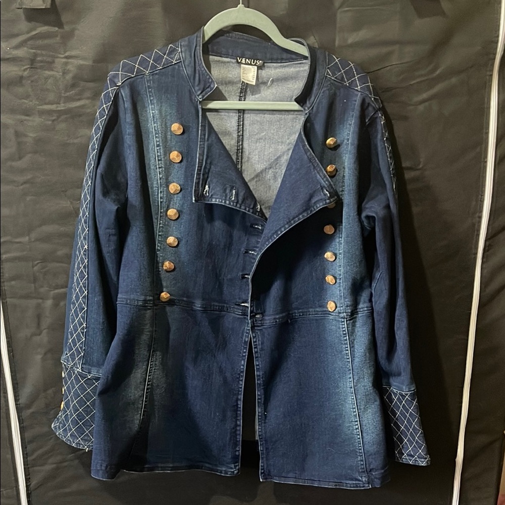 VENUS Blue and Gold Jean Jacket with Quilted Sleeves